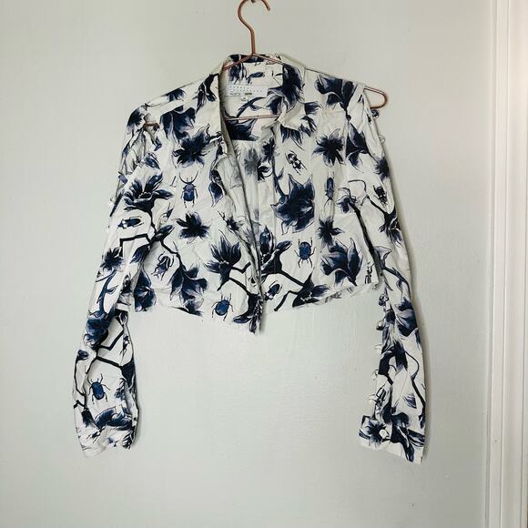 OSMAN YOUSEFZADA COLLECTIVE Blue White Floral Cutout Sleeves Shirt Size 10 FLAW - Picture 3 of 11